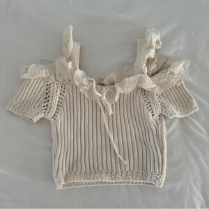 Zara Cream Ribbed Knit Off-Shoulder Crop Top with Lace Trim